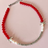 Image 2 of Red Glass, Pearl and Flowers One of a Kind Necklace