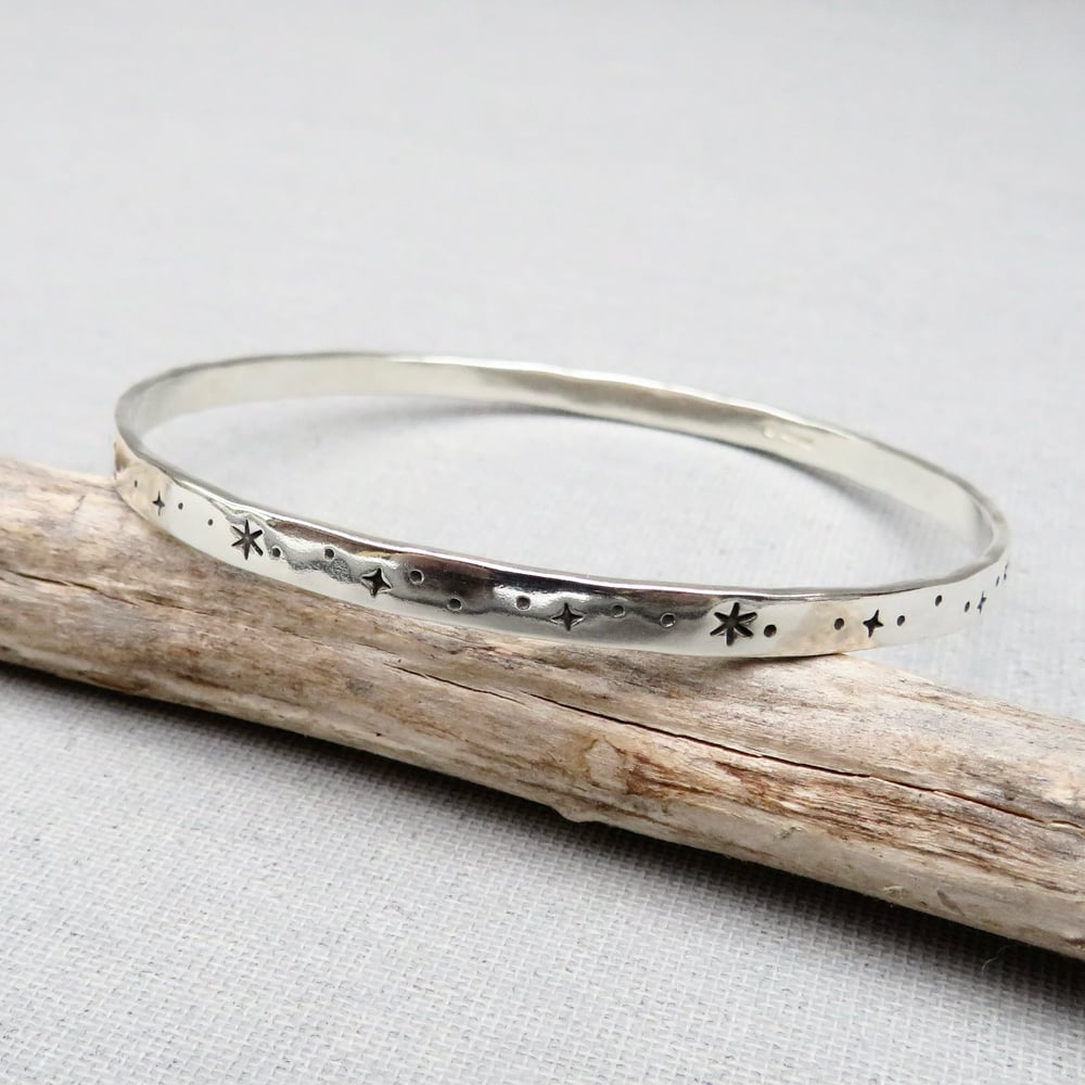 Celestial Sterling Silver Hand Stamped Stars And Dots Bangle 925