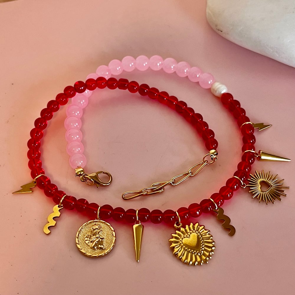 Image of Red and Pink Beaded Necklace with Gold Charms