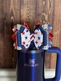 Image 2 of Fourth of July Memorial Day Patrotic Red White and Blue Tumbler Straw Topper Bow