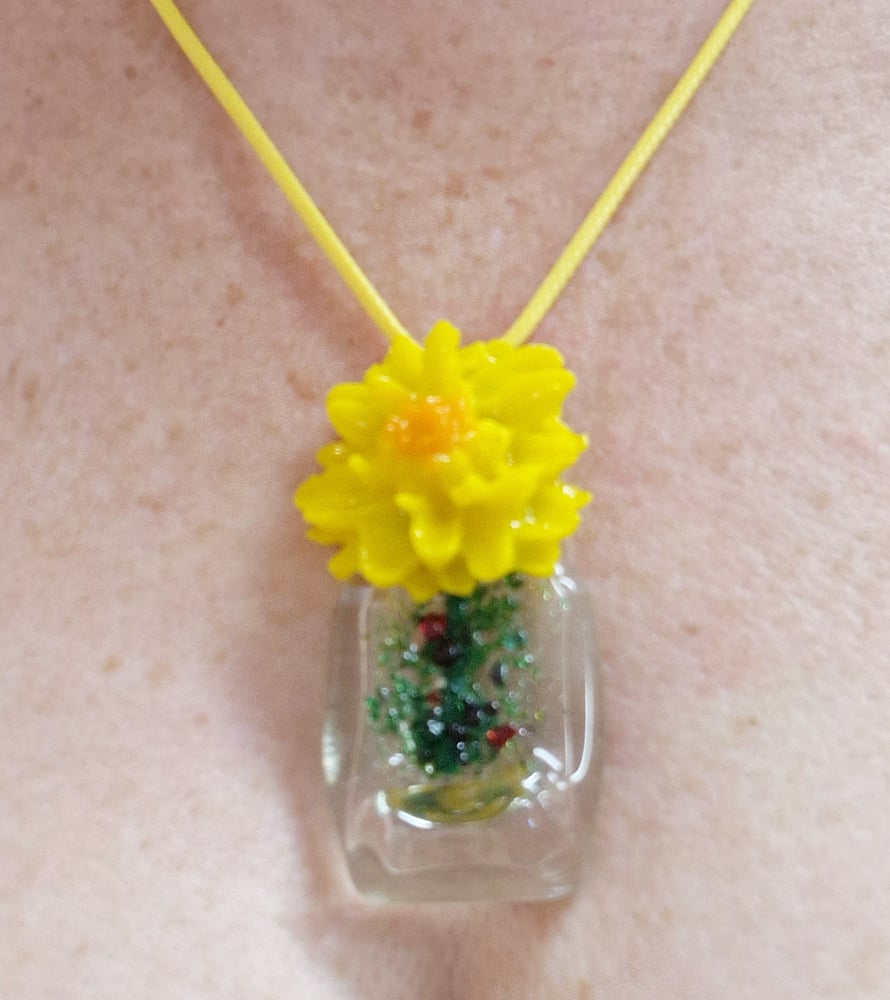 Image of Fused Glass Mini Bottle with Yellow Chrysanthemum Pendant 