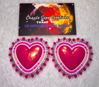 Image 3 of Hand Painted/Polished Hot Pink Heart Beaded Earrings 