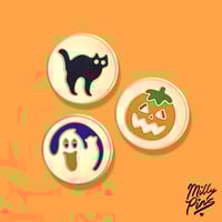 Image 3 of Nostalgic Mini Halloween Cookie Pins – Black Cat, Ghost & Pumpkin – Spooky Cute Gold Enamel Pin