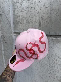 Image 4 of  RED BRIM PINK DOUBLE SNAKE ANEHEIM ANGELS CUSTOM FITTED CAP