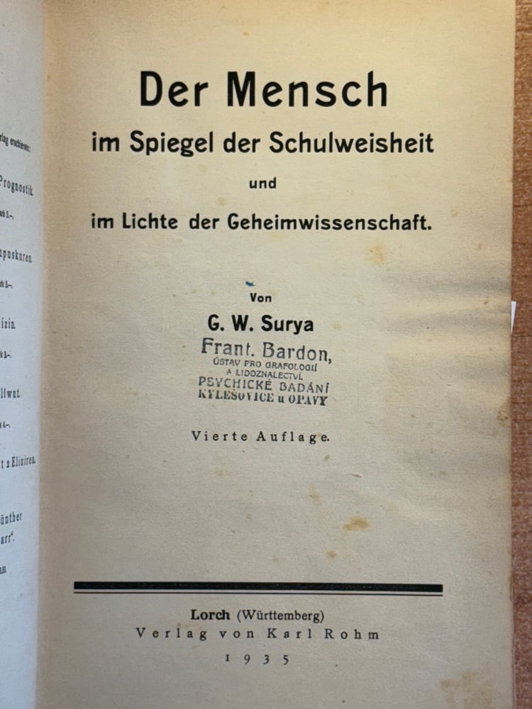 Image of Original Book from Library of Franz Bardon - Surya: Der Mensch im Spiegel (1935)