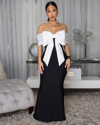 Image 2 of LIYAH BLACK WHITE OVER-SIZED BOW MAXI BANDAGE DRESS
