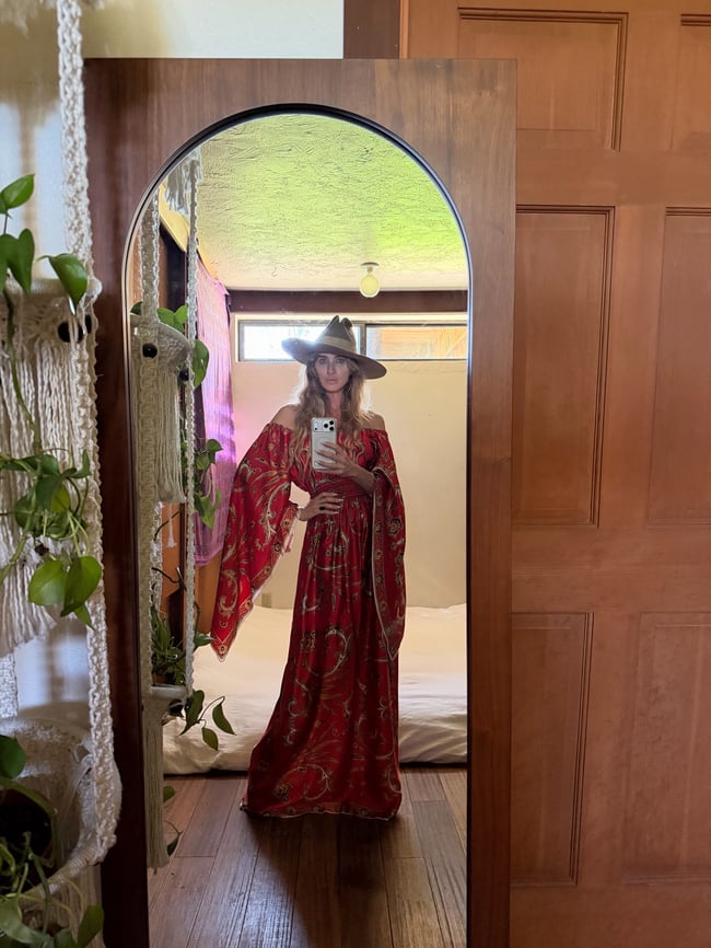 1960s red paisley angel sleeve satin scarf maxi dress gown 70s