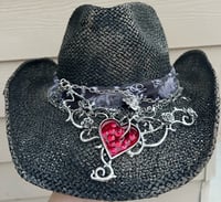 Image 1 of Black Cowboy Hat Gray Bandana and Silver & Red Heart Band