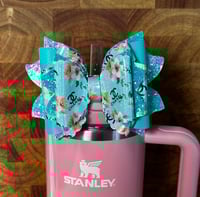 Image 1 of Pastel Floral Glam Tumbler Straw Topper Bow – Teal & Pink Designer-Inspired Cup Accessory