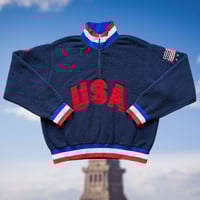 Image 1 of POLO RALPH LAUREN TEAM USA PILE FLEECE PULLOVER WOMENS SIZE LARGE QUARTER ZIP PATRIOTIC OLYMPIC BLUE