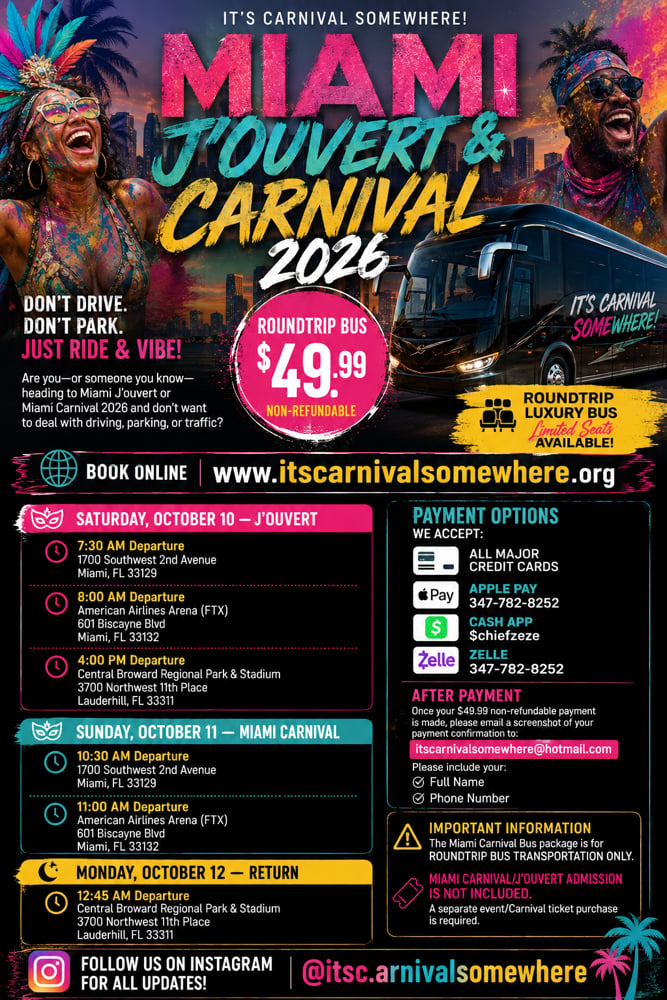 Image of Miami Carnival or Jouvert Roundtrip Bus Ride 2026  (BUS RIDE ONLY NO ENTRY) 