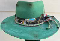 Image 1 of Handmade Torch Burned Green Fedora Hat, Rope & Feathers
