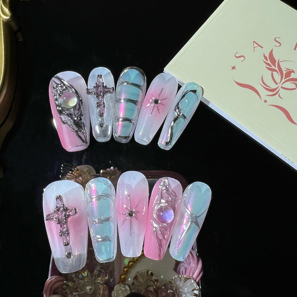 Image of Pink Silver Cross Punk Style Press On Nails 