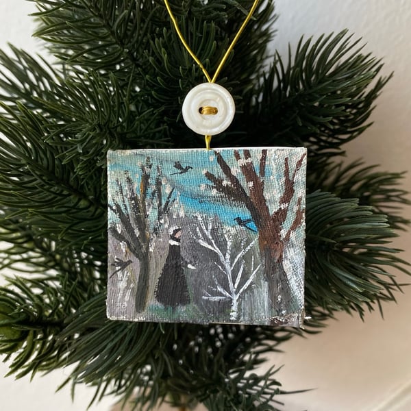 Image of Winter landscape with lady and crows - miniature painting 