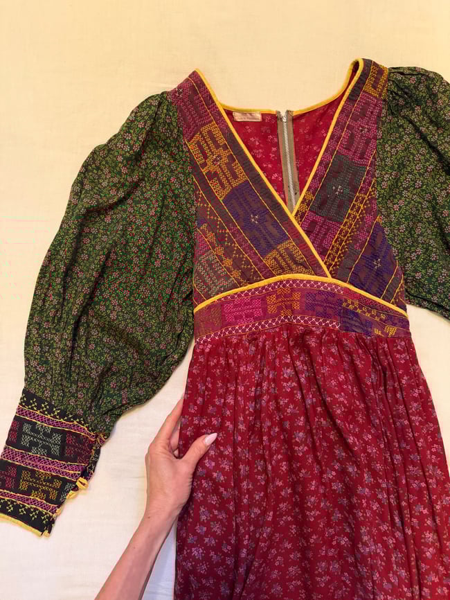 1970s Afghani hand crafted embroidered poet sleeve bohemian dress