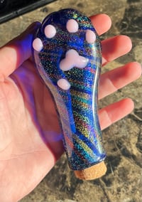 Image 1 of Rainbow dichroic strip over cobalt paw jar 