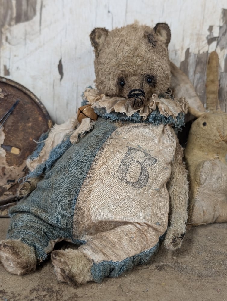 Image of  9" -Vintage Old Primitive Teddy Bear in romper  by Whendi's Bears
