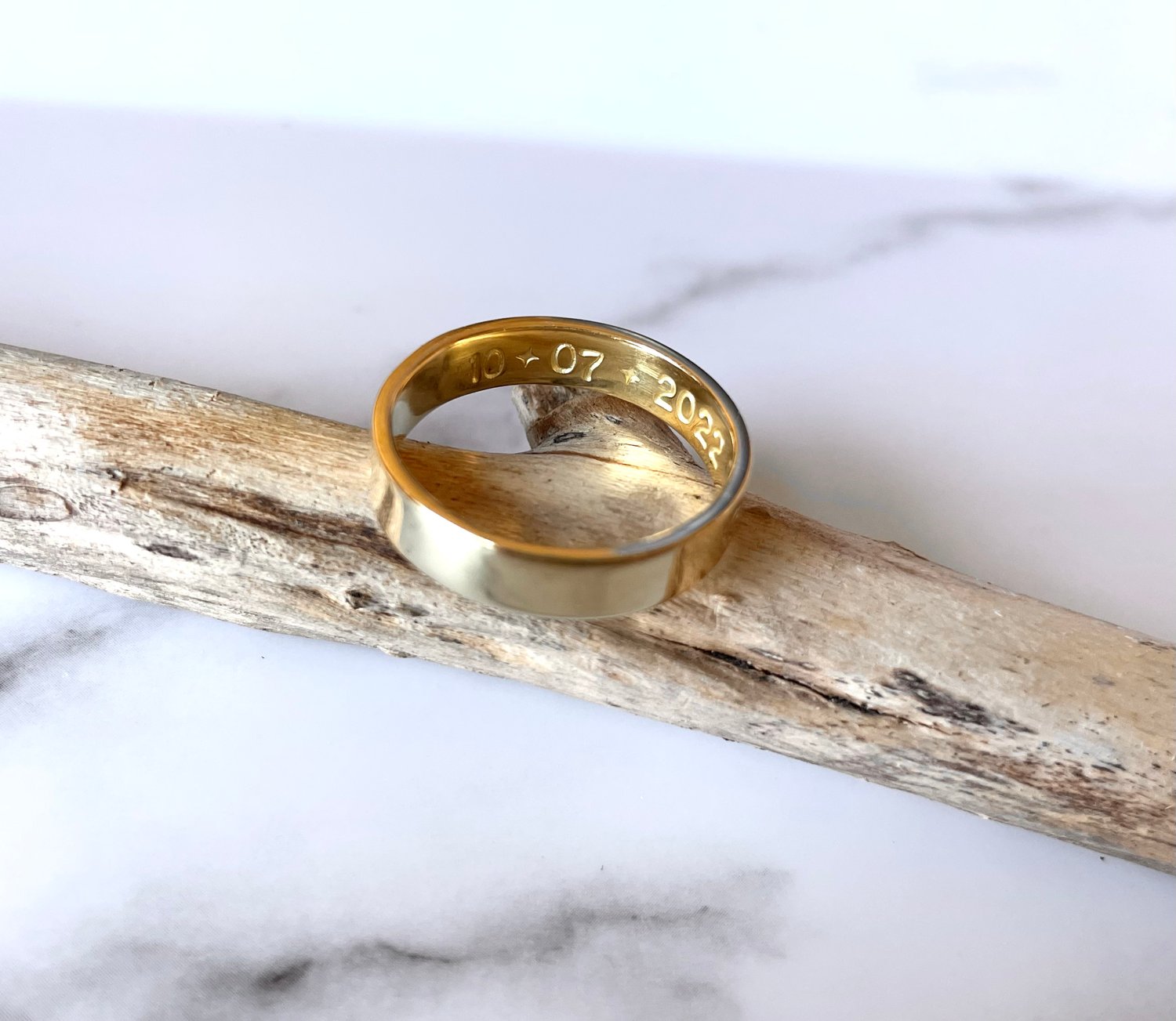 Image of Celestial 9ct Gold Wedding Ring With Sun AND Moon Stamps. Celestial Wedding Band