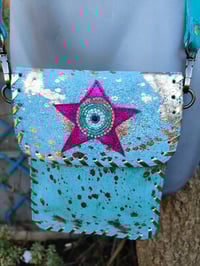 Image 4 of Woodstock cross body / passport bag -Jade turquoise with pink star