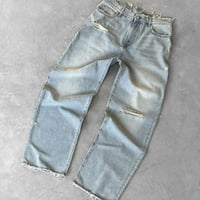 Image 2 of Straight Jeans Distressed Men Jean Ripped Holes Washed Denim Pants Ankle Length Loose Solid Zipper F