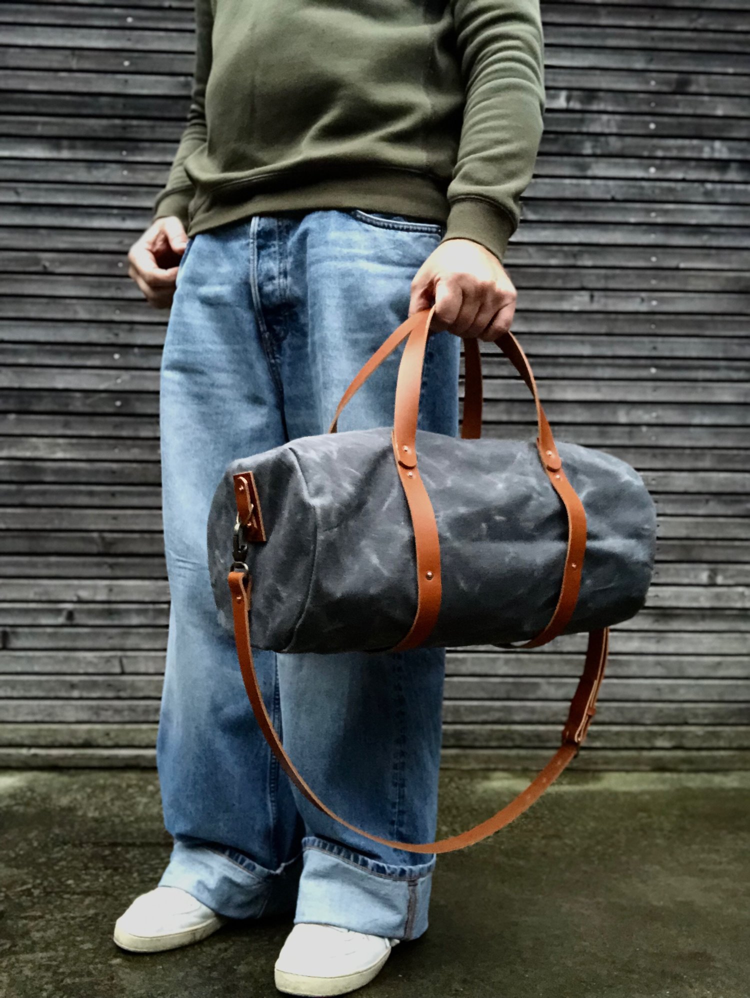 Image of Barrel bag, gym bag made in waxed canvas