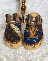 Image 1 of Size 7 Classic Brown & Dark Denim Crocs w/ Bag & Cup