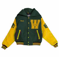 Image 1 of WESTINGHOUSE LETTERMAN JACKET WITH HOOD (GREEN & YELLOW) CROPPED