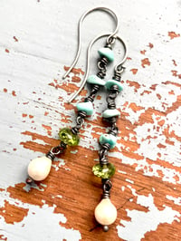 Image 5 of Lone mountain turquoise, peridot and pearl earrings