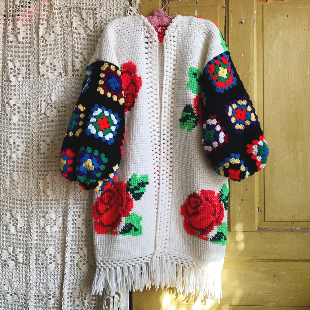 Image of Red Rose w/ Black Sleeves Granny Sweater
