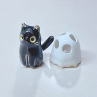 Image 5 of Black Kitty Cat With Ghost Mask Ceramic Figurine 2