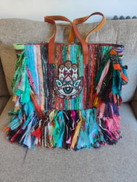 Image 1 of Frill Shoulder Bag made with Sari Fabrics Recycled- leather strap