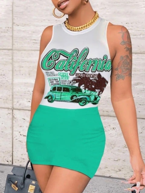 Image of Round Neck Letter Car Print Bodycon Dress
