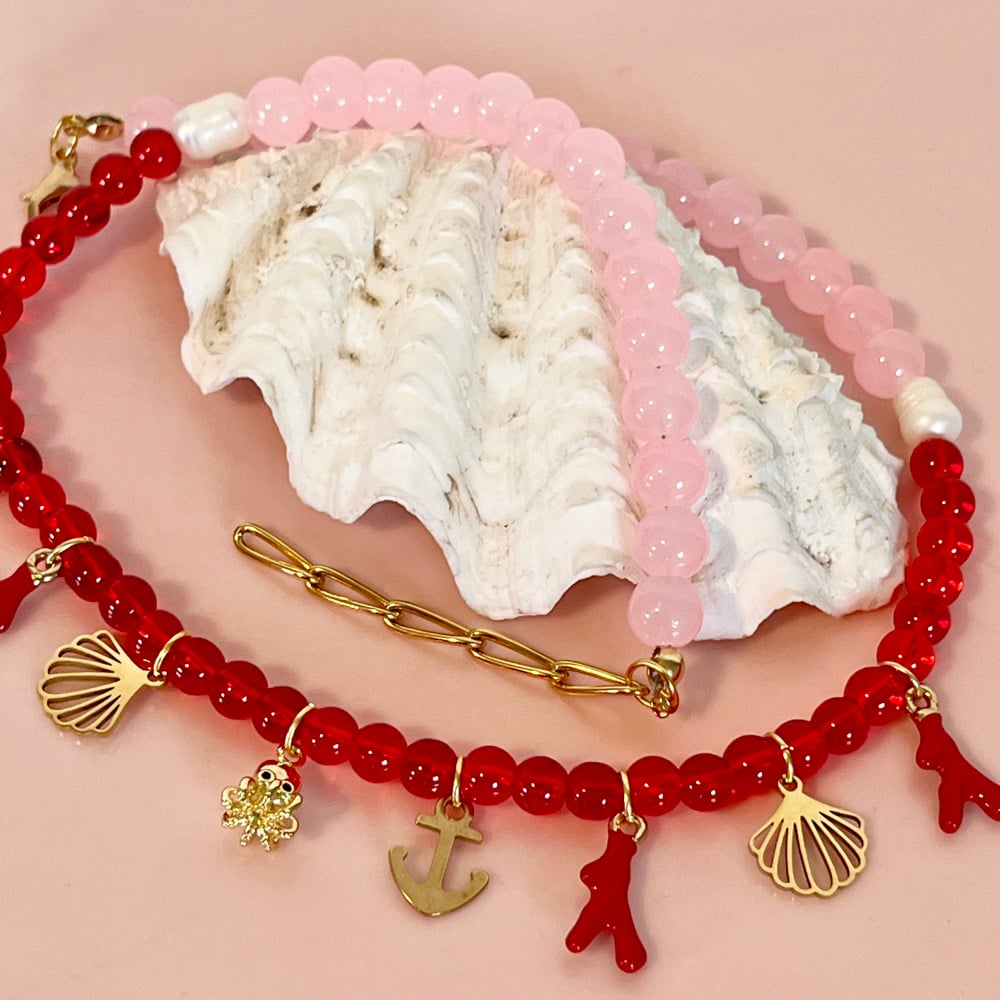 Image of Red and Pink Beaded Necklace with sea theme charms