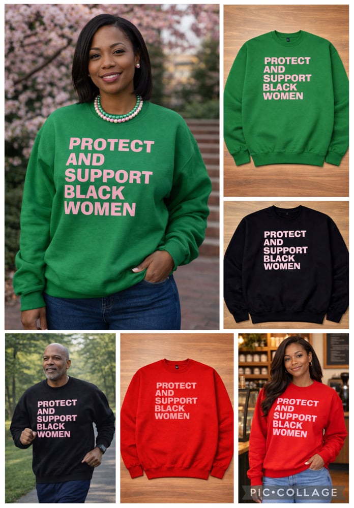 PROTECT & SUPPORT BLACK WOMEN CREWNECK SWEATSHIRT (PINK FONT)