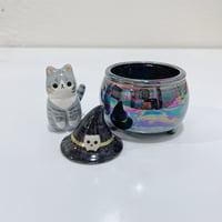 Image 3 of Glow in dark gray tabby cat in witch brew cauldron ceramic keepsake (rainbow effect)