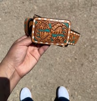 Image 2 of BROWN W/ TURQUOISE LEATHER BELT
