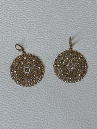 Image 4 of LA VIE PARISIENNE gold tone filigree Swarovski crystal round disk earrings