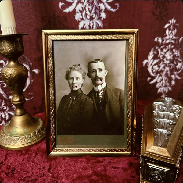 Image of Framed Victorian Cabinet Card w/ Vampire Couple