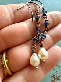 Image 3 of Akoya pearl and kyanite dangle earrings