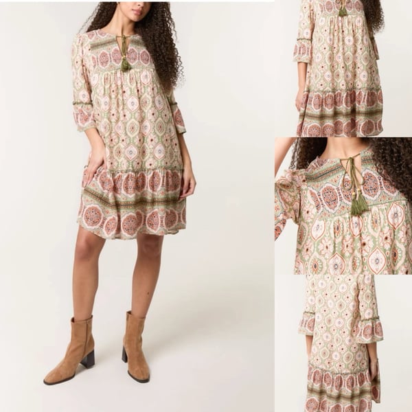 Image of PRINTED TASSELS SMOCK DRESS