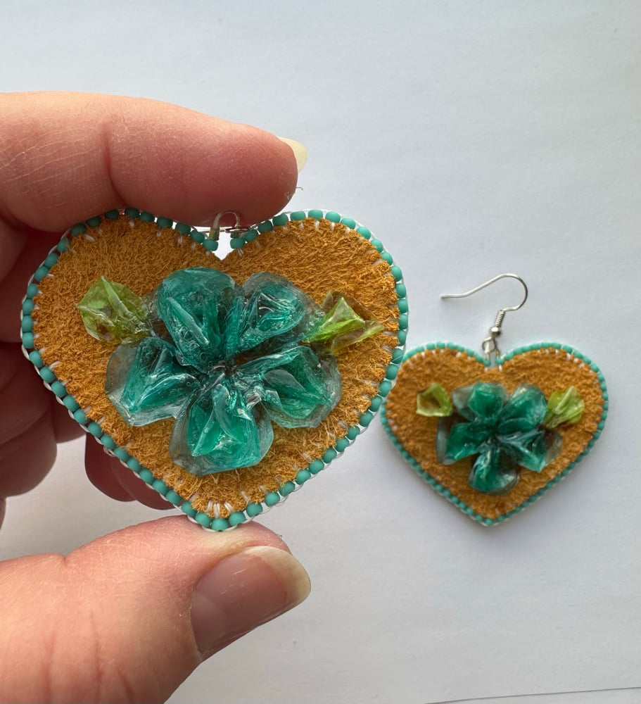 Image of Heart Shaped Teal Fish Scale Earrings