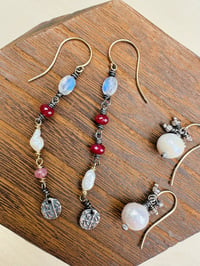 Image 3 of rainbow moonstone and ruby earrings in 14k gold and sterling silver