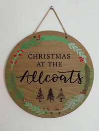 Personalised Christmas at the… Oak Sign – Hand Lettered Family Name with Wreath