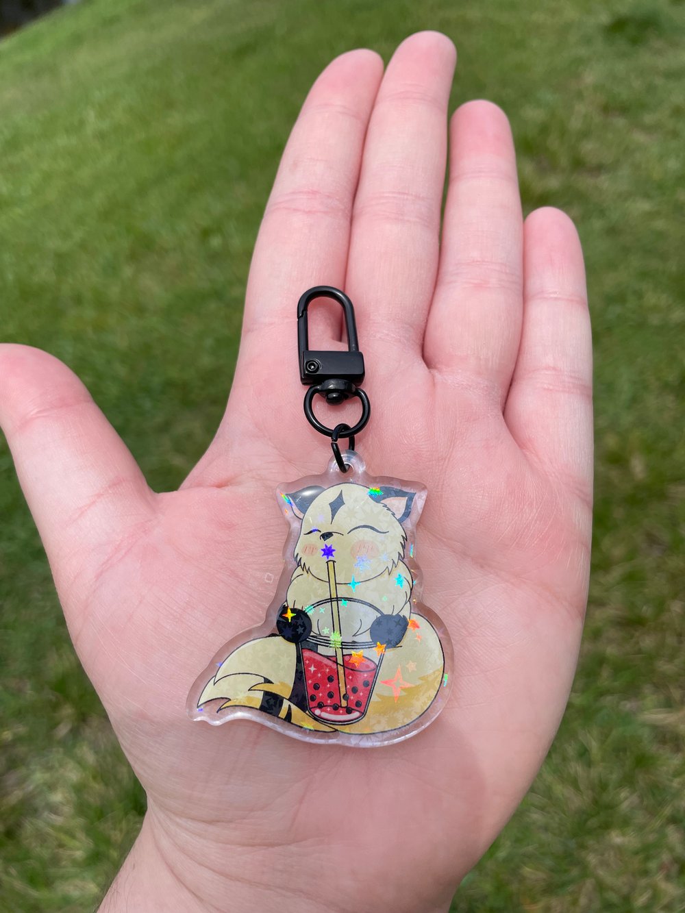Image of Two Tailed Majestic Kitty Drinking Boba Plush Pillow & Acrylic Keychain