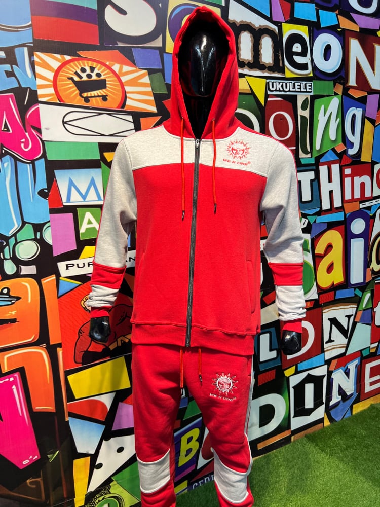 Image of COLOR BLOCK SWEATSUIT - RED/GREY