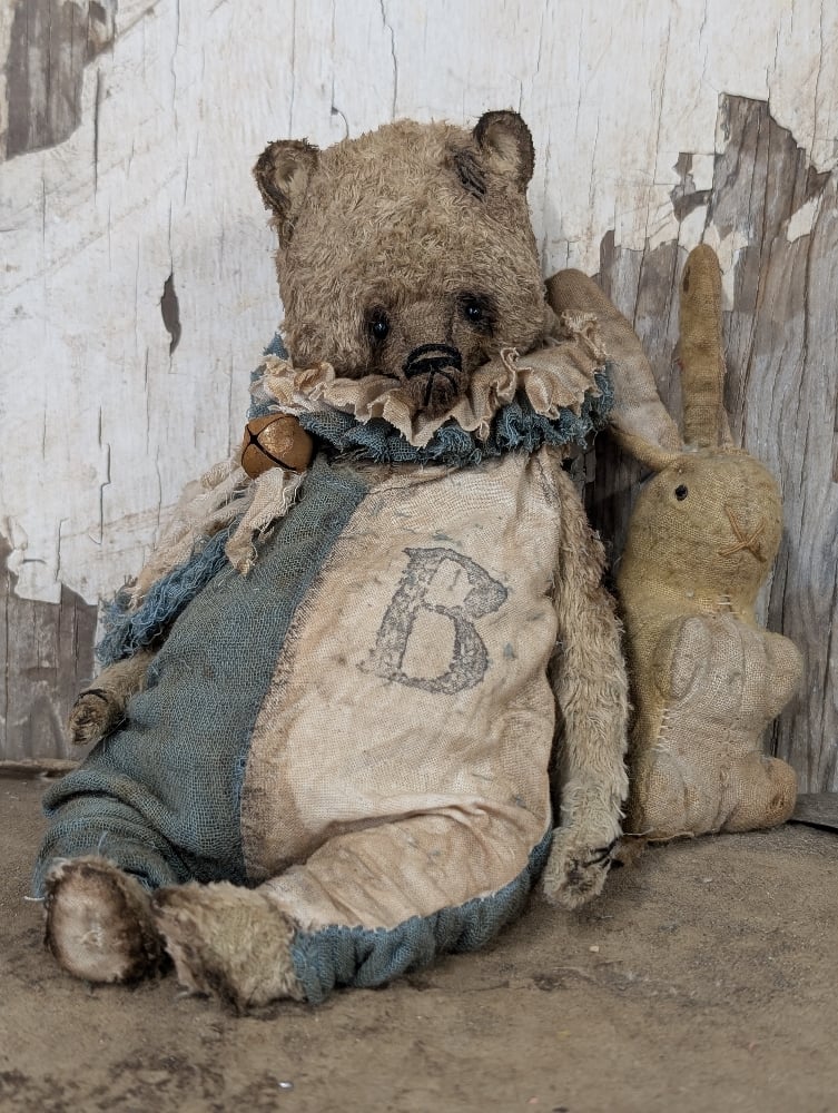Image of  9" -Vintage Old Primitive Teddy Bear in romper  by Whendi's Bears