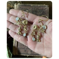 Image 2 of Morning Glory Vine Honey Bee and Moonstone Solid Brass Earrings