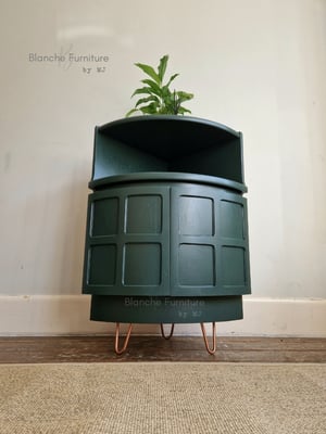 Image of Nathan Corner Drinks Cabinet in Bottle Green with Copper legs