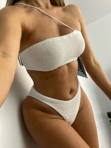 Image of White Crinkle Asymmetric Strap Bandeau Bikini 