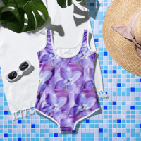 Image 1 of All-Over Print Youth Swimsuit (purple floral)
